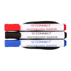 Borrador q-connect magnetico para pizarra blanca con 3 rotuladores azul negro y rojo