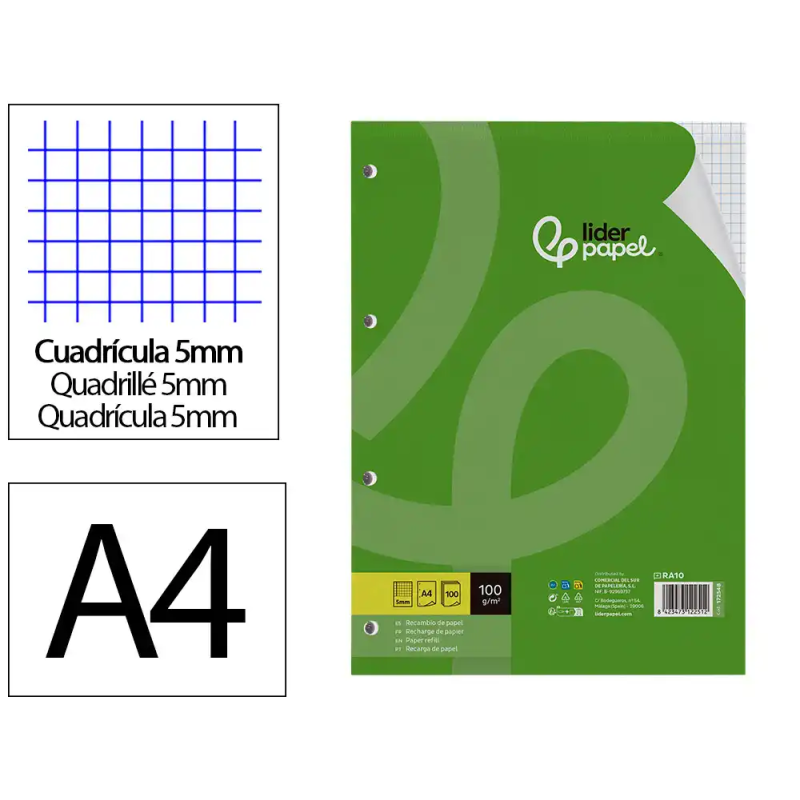 Recambio liderpapel a4 100 hojas 100gr cuadro 5mm con margen 4 taladros