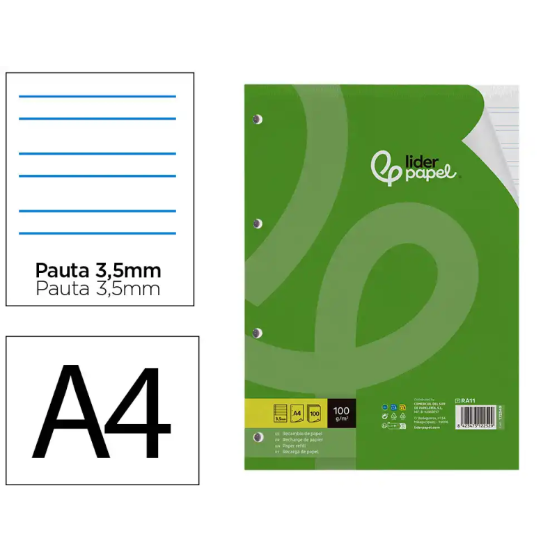 Recambio liderpapel a4 100 hojas 100gr pauta 3,5mm con margen 4 taladros
