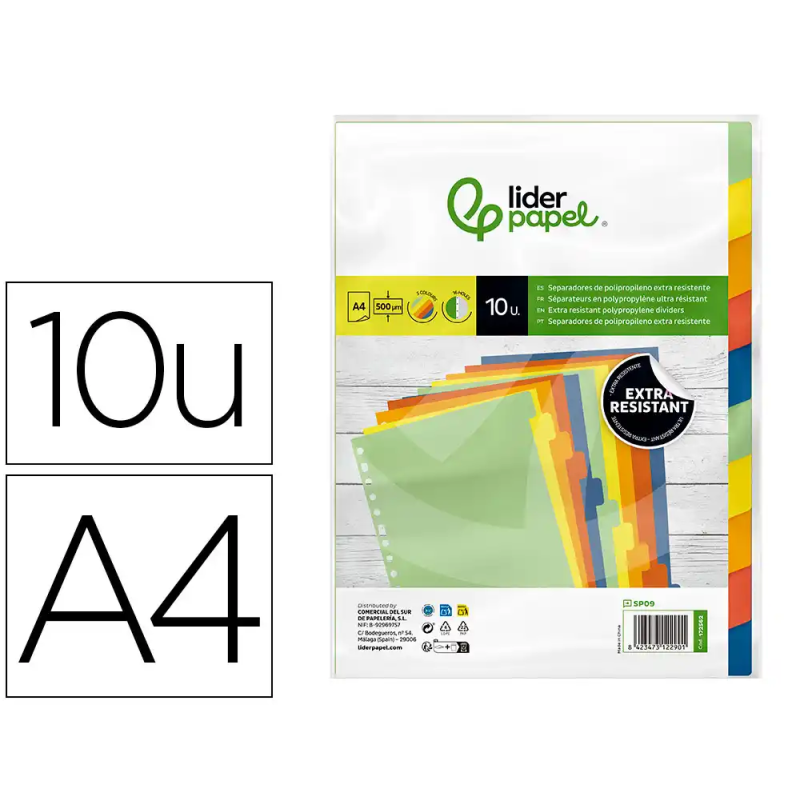 Separador liderpapel polipropileno juego de 10 separadores a4 multitaladro 500 micras