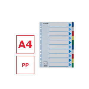 Separadores esselte din a4 polipropileno 10 posiciones multitaladro con cartulina indice color
