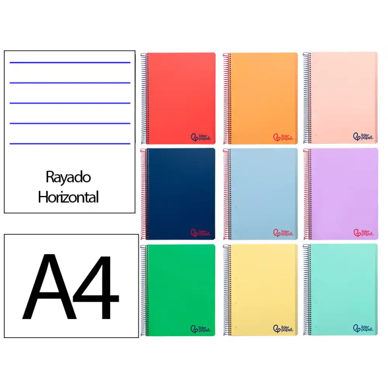Cuaderno espiral liderpapel a4 micro wonder tapa plastico 120h 90gr horizontal 5 bandas 4 taladros colores