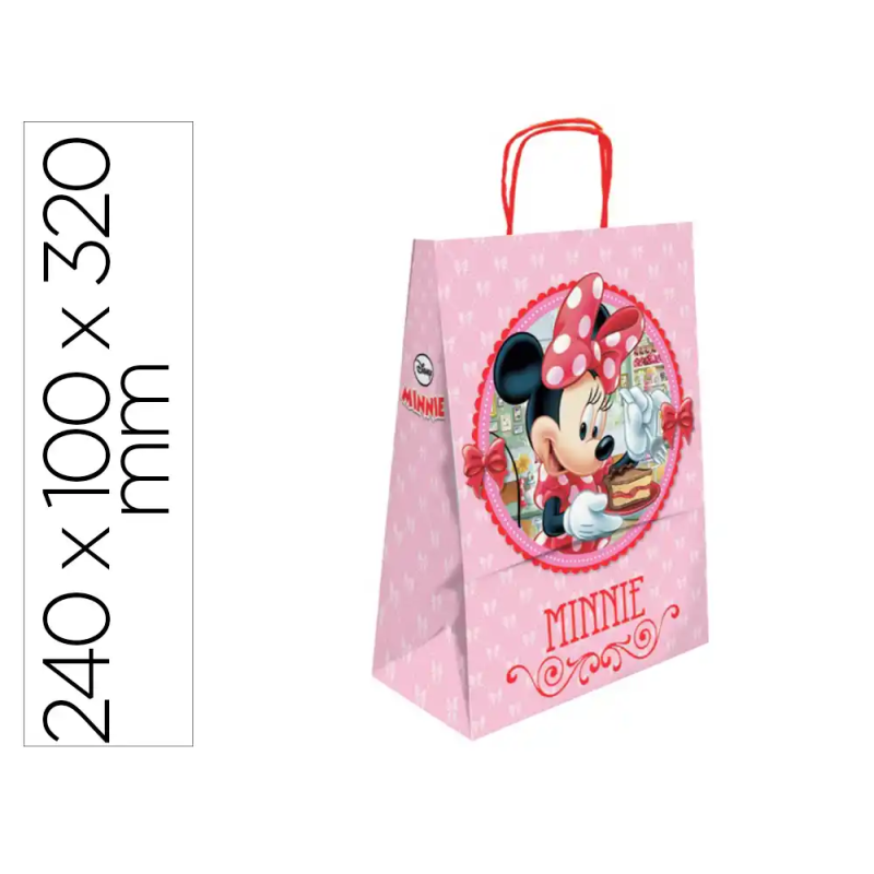 Bolsa para regalo basika papel celulosa 90 gr minnie con asa retorcida tamaño s 240x100x320mm