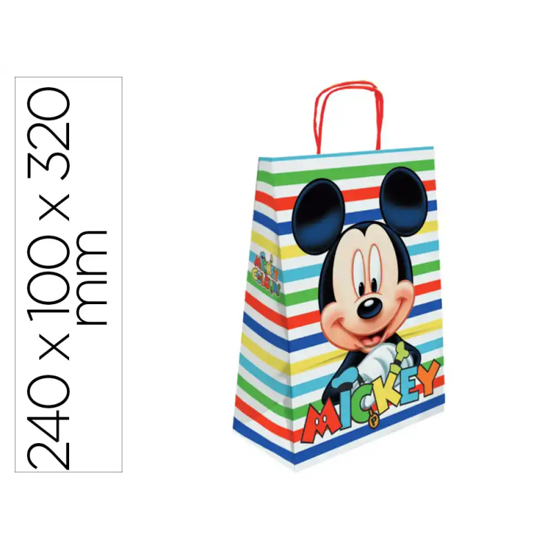 Bolsa para regalo basika papel celulosa 90 gr mickey con asa retorcida tamaño s 240x100x320mm
