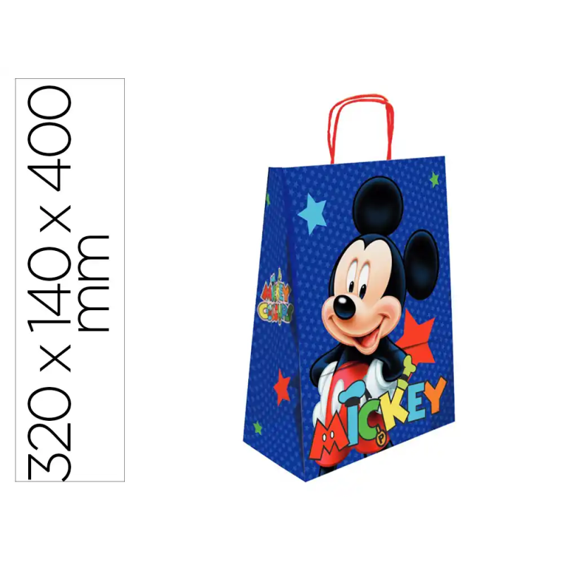 Bolsa para regalo basika papel celulosa 90 gr mickey con asa retorcida tamaño l 320x140x400 mm