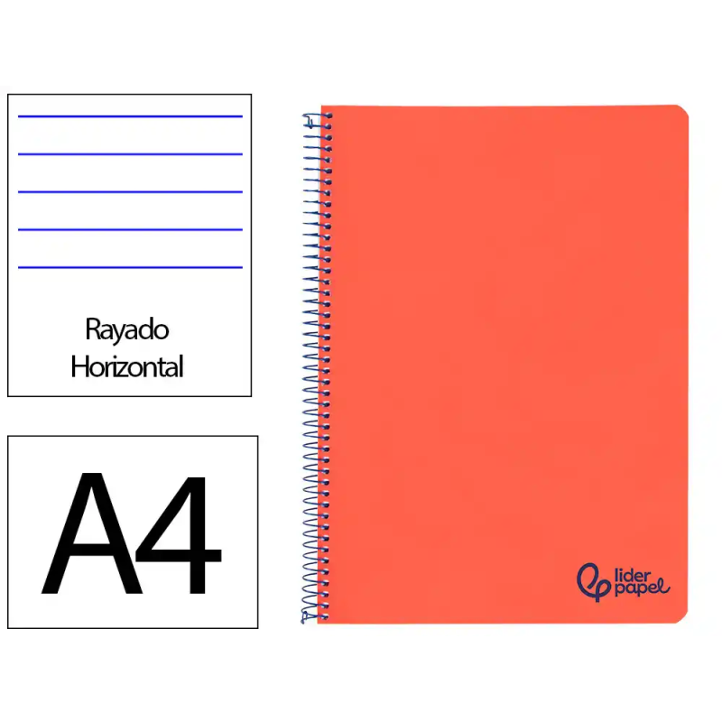 Cuaderno espiral liderpapel a4 wonder tapa plastico 80h 90gr rayado horizontal con margen color rojo