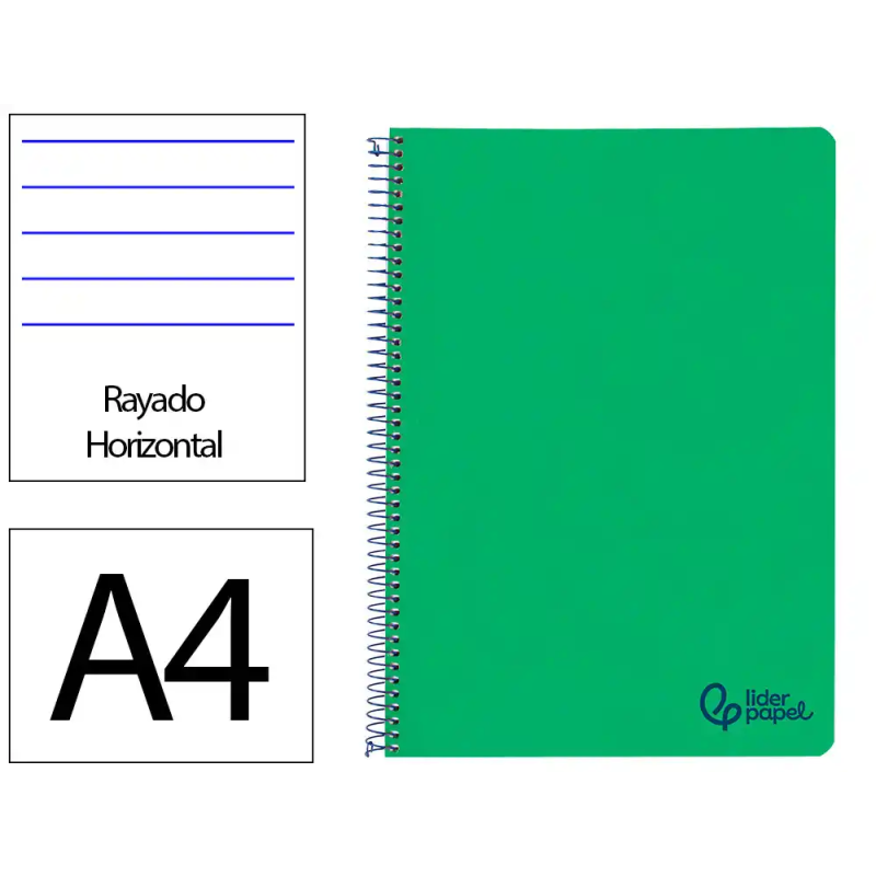 Cuaderno espiral liderpapel a4 wonder tapa plastico 80h 90gr rayado horizontal con margen color verde oscuro