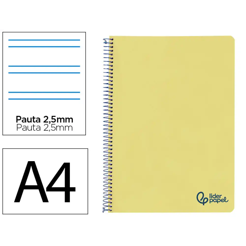 Cuaderno espiral liderpapel a4 wonder tapa plastico 80h 90gr pauta estrecha 2,5mm con margen color amarillo