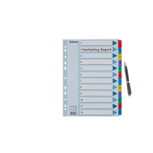 Separador numerico esselte cartulina mylar borra 1-12 juego de 12 separadores din a4 multitaladro multicolor