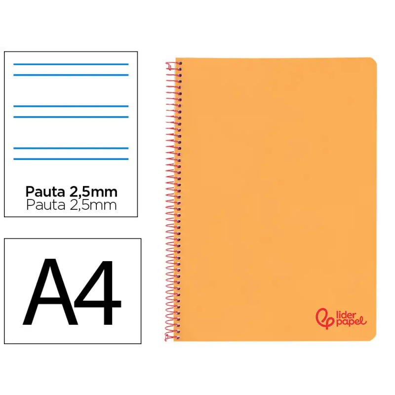 Cuaderno espiral liderpapel a4 wonder tapa plastico 80h 90gr pauta estrecha 2,5mm con margen color naranja