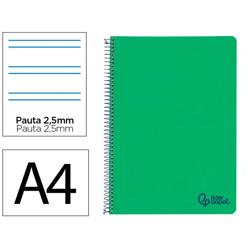 Cuaderno espiral liderpapel a4 wonder tapa plastico 80h 90gr pauta estrecha 2,5mm con margen color verde oscuro