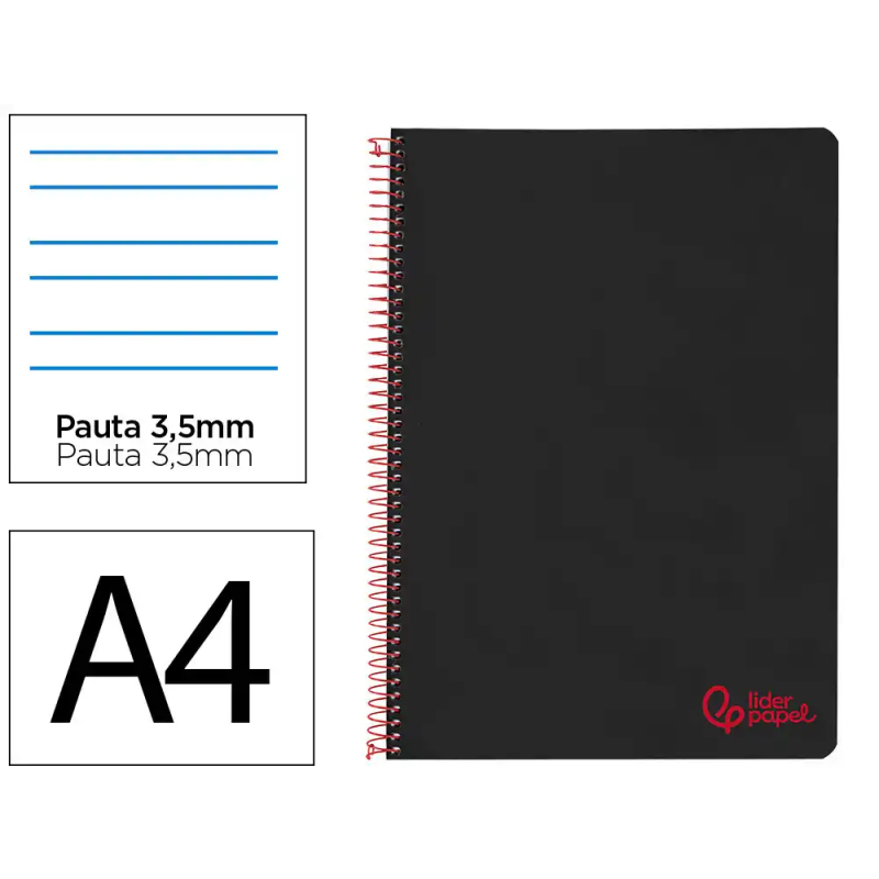Cuaderno espiral liderpapel a4 wonder tapa plastico 80h 90gr pauta ancha 3,5mm con margen color negro