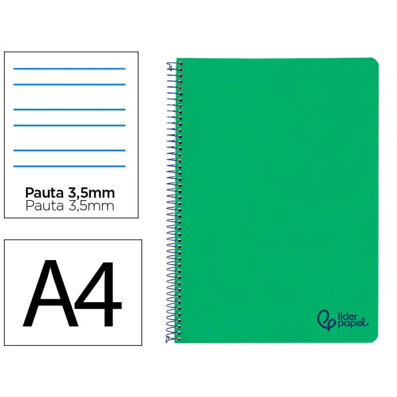 Cuaderno espiral liderpapel a4 wonder tapa plastico 80h 90gr pauta ancha 3,5mm con margen color verde oscuro
