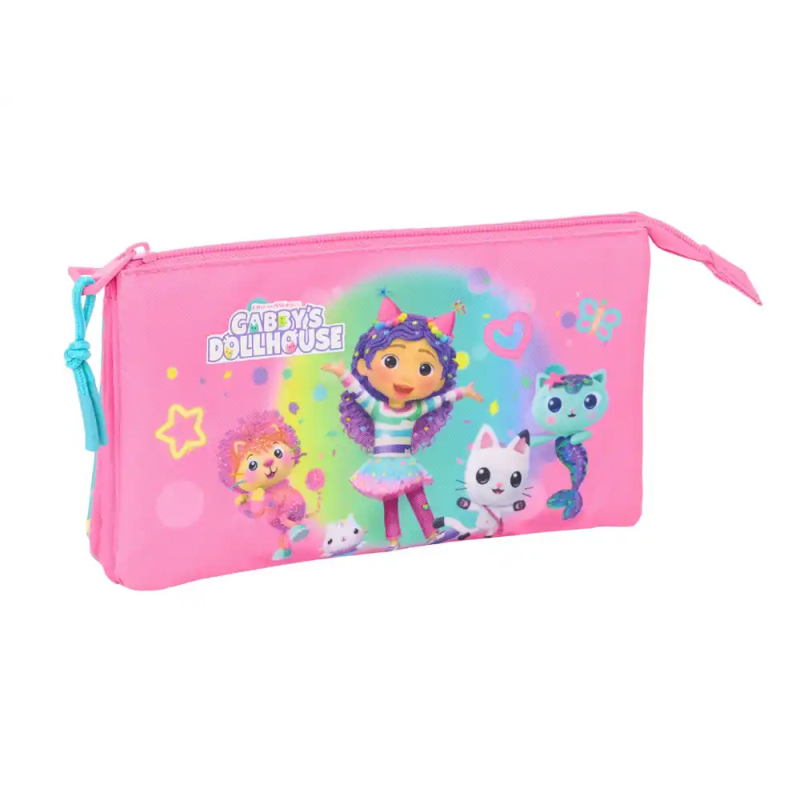 Bolso escolar portatodo safta triple gabby s dollhouse confetti 120x220x30 mm