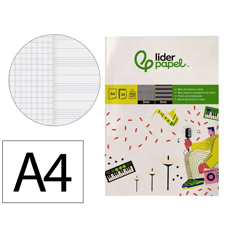 Bloc musica y canto liderpapel pentagrama interlineado 2 mm cuadricula 5mm din a4 24 hojas 100g/m2