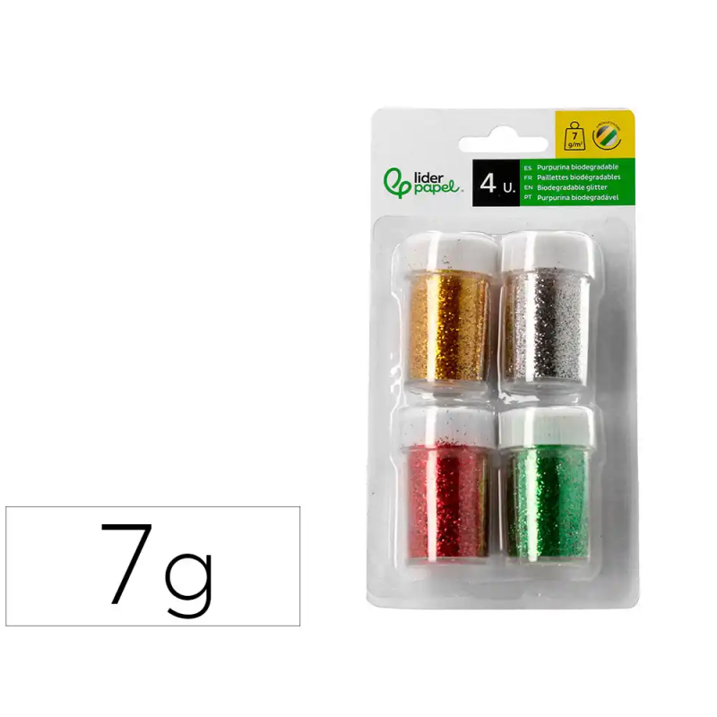 Purpurina liderpapel biodegradable fantasia bote 7 gr colores metalicos surtidos blister de 4 unidades