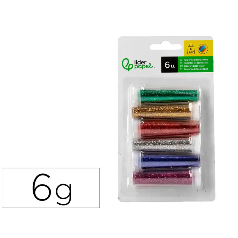 Purpurina liderpapel biodegradable fantasia bote 6 gr colores metalicos surtidos blister de 6 unidades