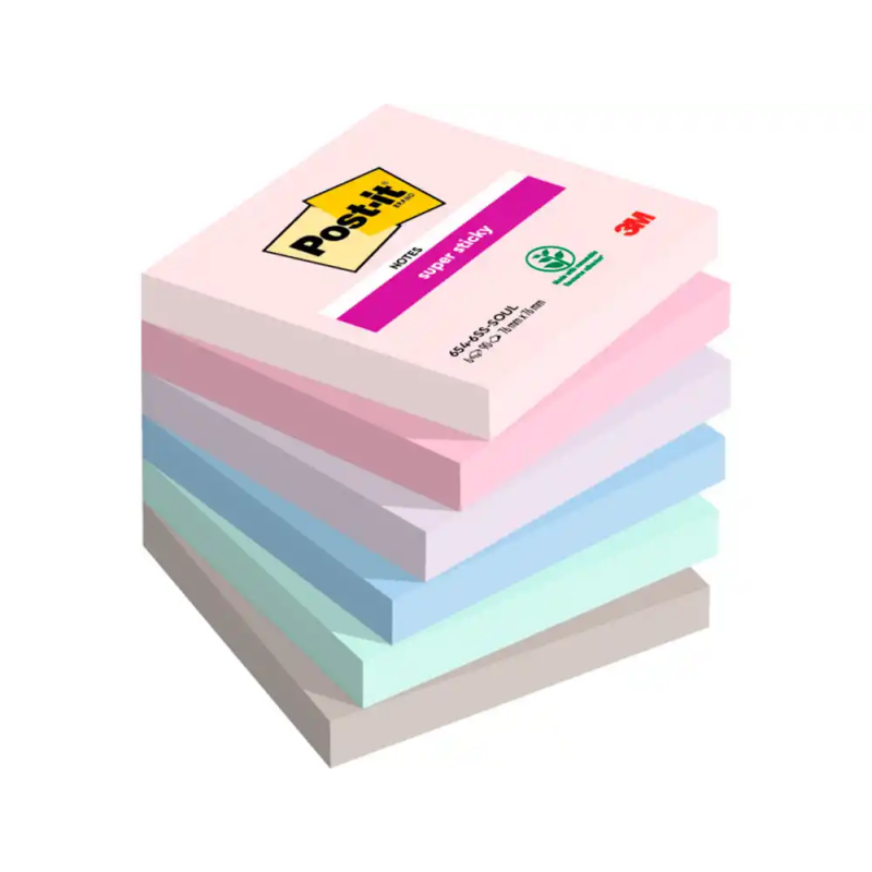 Bloc de notas adhesivas quita y pon post it super sticky soulful 100% pefc 76x76 mm pack de 6 blocs colores