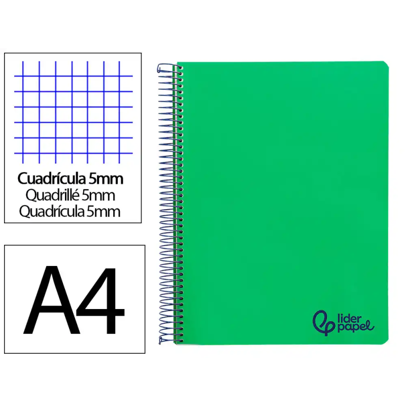 Cuaderno espiral liderpapel a4 micro wonder tapa plastico 120h 90gr cuadro 5mm 5 bandas 4 taladros color verde oscuro