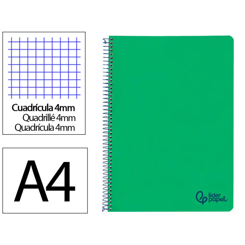 Cuaderno espiral liderpapel a4 wonder tapa plastico 80h 90gr cuadro 4mm con margen color verde oscuro