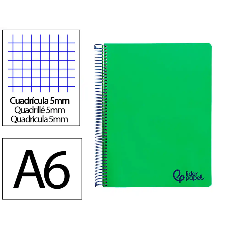 Cuaderno espiral liderpapel a6 micro wonder tapa plastico 120h 90gr cuadro 5mm 4 bandas color verde oscuro