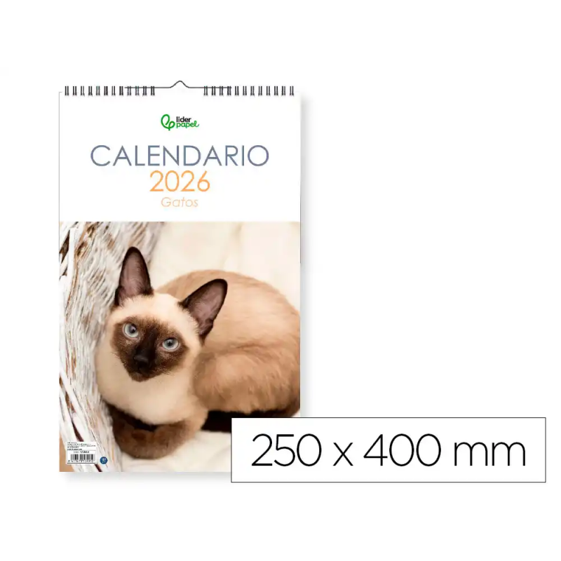 Calendario espiral pared liderpapel imagenes gatos 2026 para escribir 25x40 cm papel 157 gr