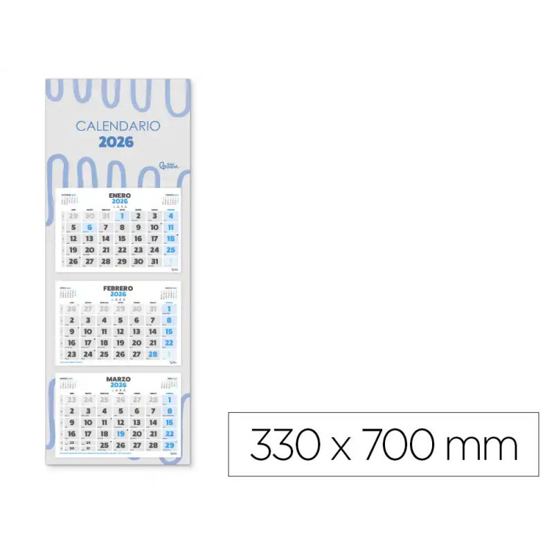 Calendario pared liderpapel 3 meses vistas 2026 plegable 33x70 cm papel 90 gr