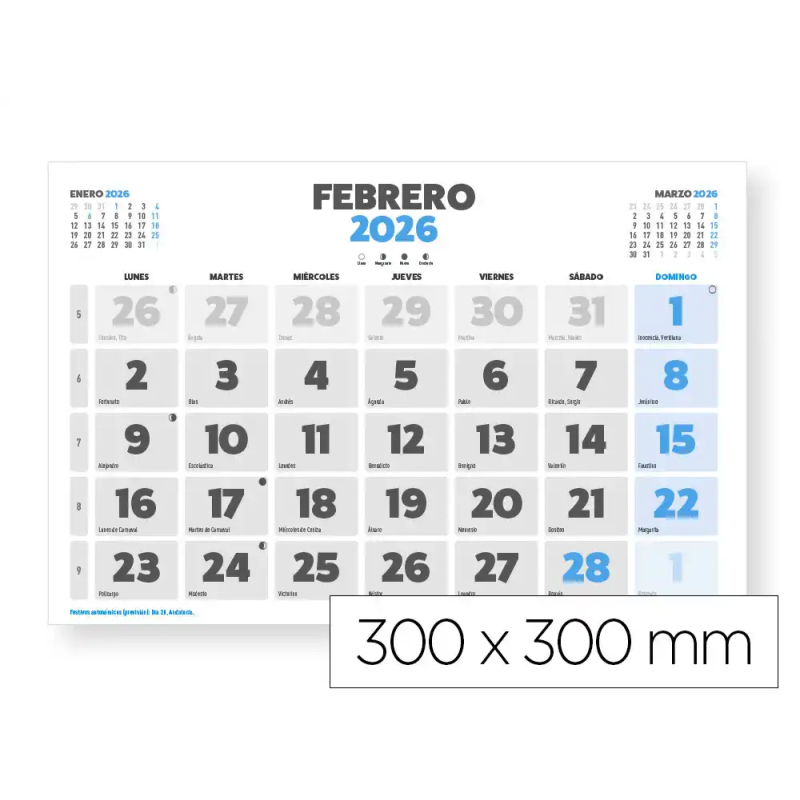Calendario pared liderpapel clasico 2026 lomo engomado 30x30 cm papel 105 gr