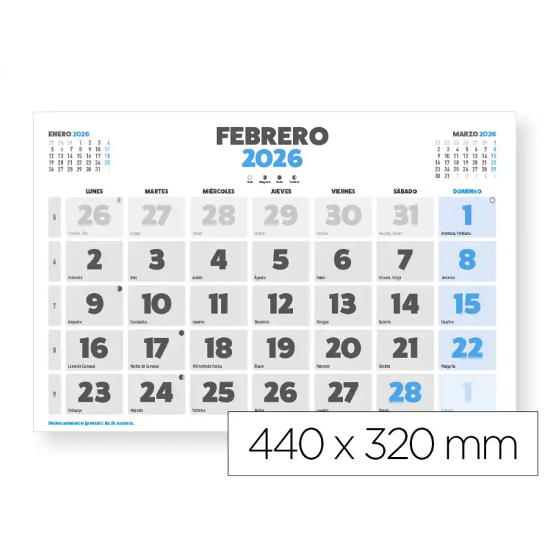 Calendario pared liderpapel clasico 2026 lomo engomado 44x32 cm papel 128 gr