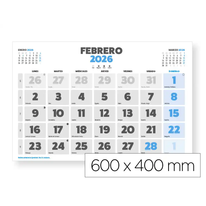 Calendario pared liderpapel clasico 2026 lomo engomado 60x40 cm papel 105 gr