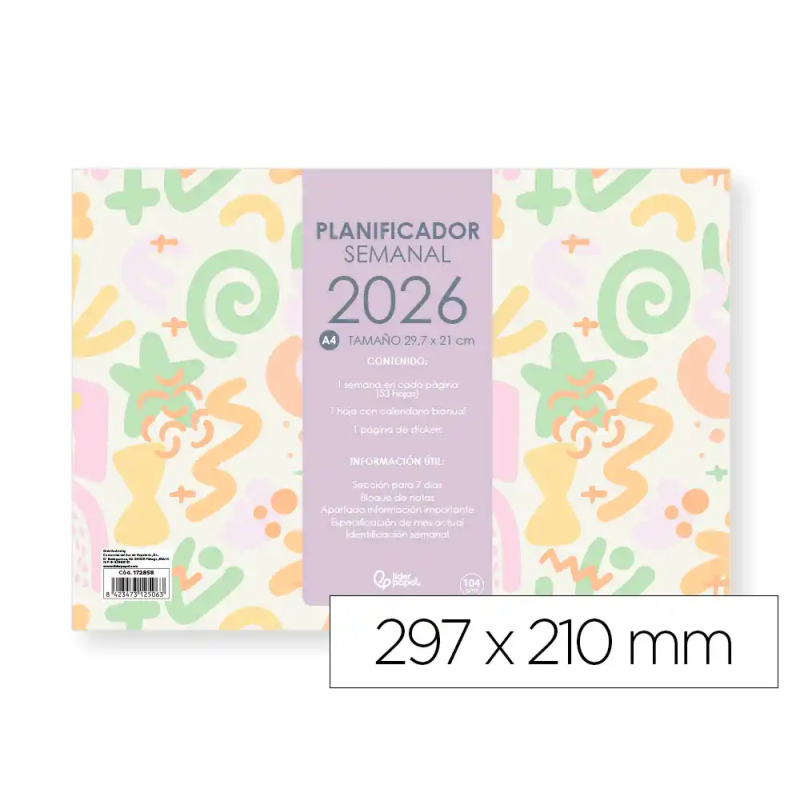 Planning semanal liderpapel joven 2026 29,7x21 cm din a4 con pegatinas papel 104 gr
