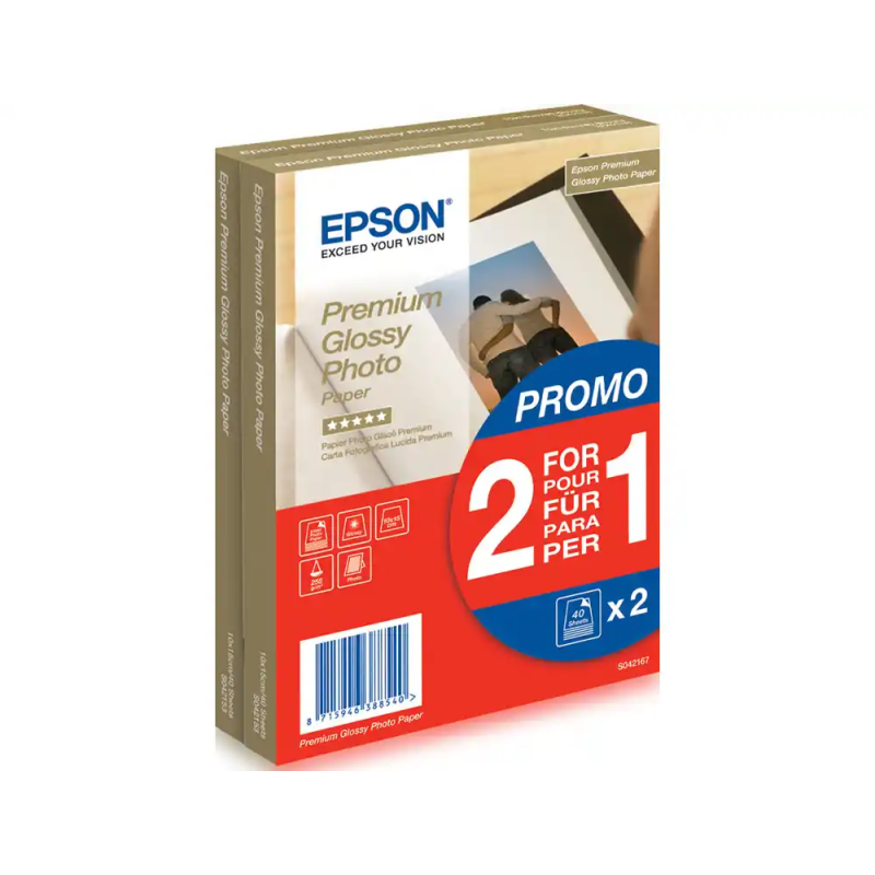 Papel fotografico epson premium photo brillo 10x15 cm 255 gr 2 x pack 40 hojas