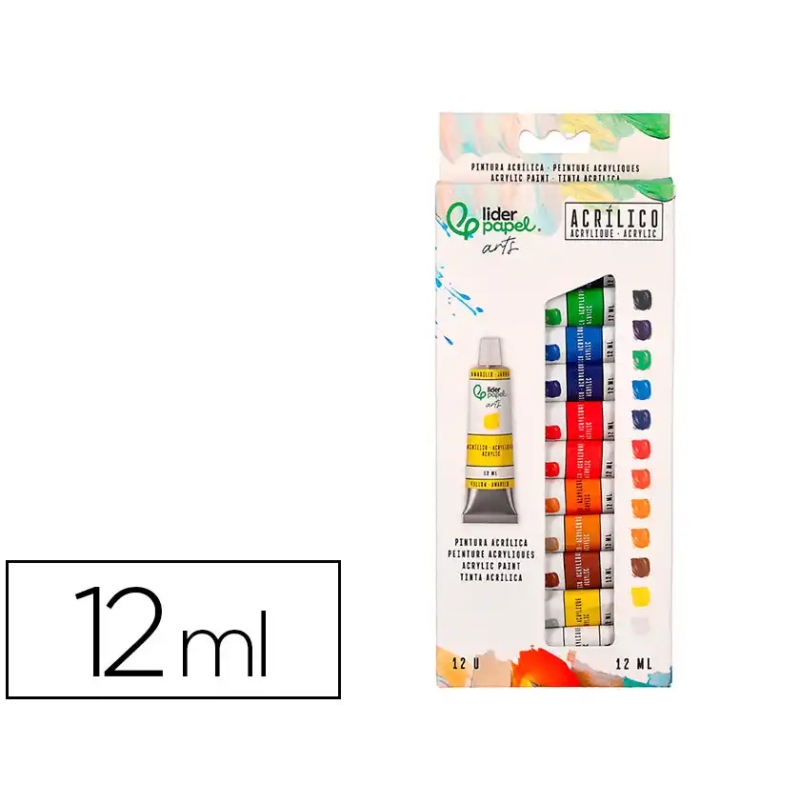 Pintura acrilica liderpapel caja de 12 tubos de aluminio de 12 ml colores surtidos