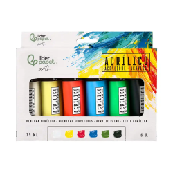 Pintura acrilica liderpapel caja de 6 tubos de plastico de 75 ml colores basicos