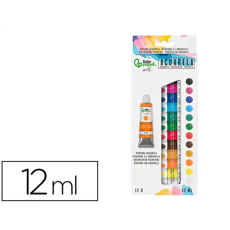 Pintura de acuarela liderpapel caja de 12 tubos de aluminio de 12 ml colores surtidos