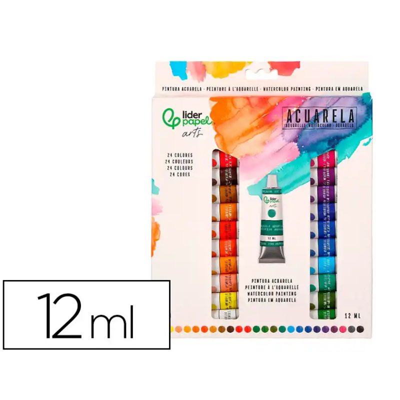 Pintura de acuarela liderpapel caja de 24 tubos de aluminio de 12 ml colores surtidos