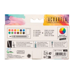 Acuarela liderpapel 12 colores con pincel de agua rellenable y esponja estuche de plastico