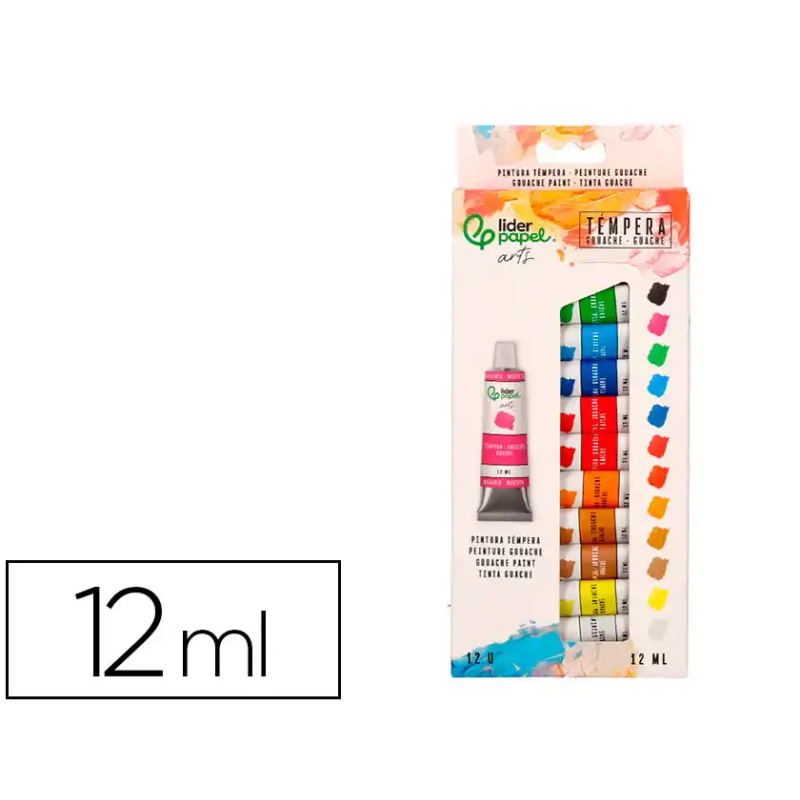 Pintura gouache/tempera liderpapel caja de 12 tubos de aluminio de 12 ml colores surtidos