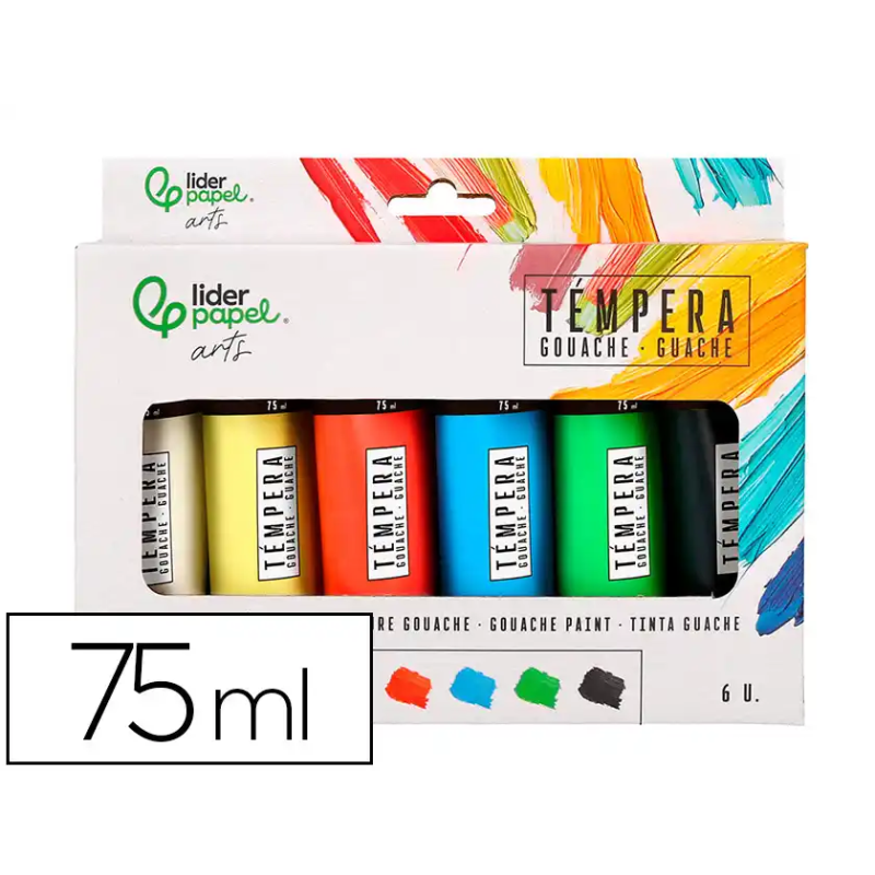 Pintura gouache/tempera liderpapel caja de 6 tubos de plastico de 75 ml colores surtidos
