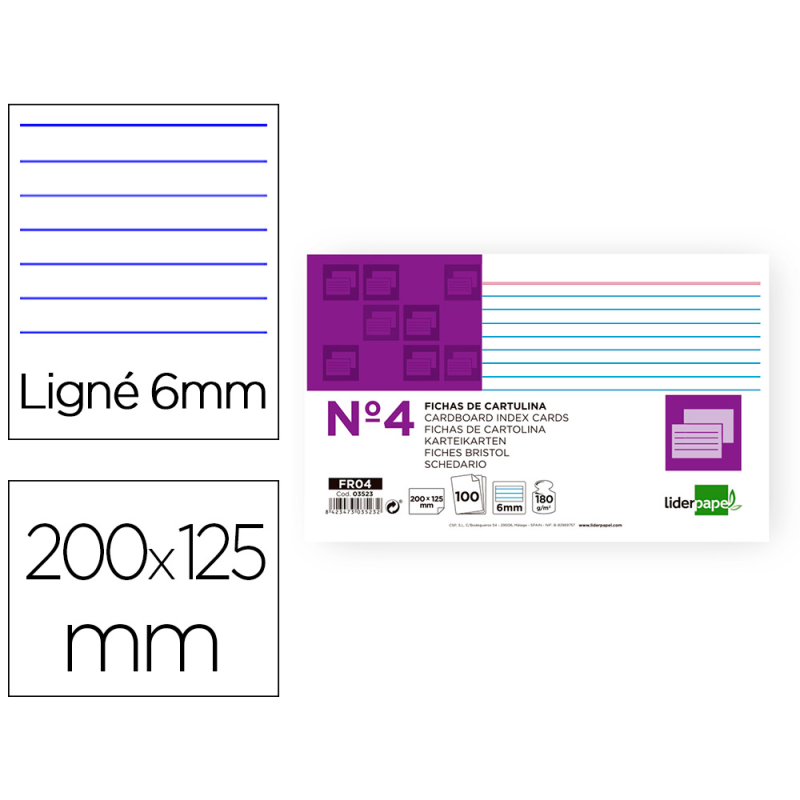 Ficha liderpapel rayada nº4 125x200 mm 180gr paquete de 100 unidades