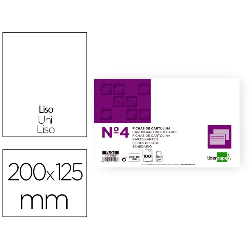 Ficha liderpapel lisa nº4 125x200mm 180gr paquete de 100 unidades