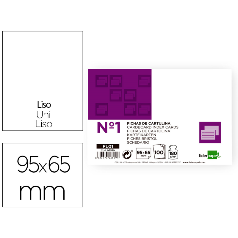 Ficha liderpapel lisa nº1 65x95mm 180gr paquete de 100 unidades