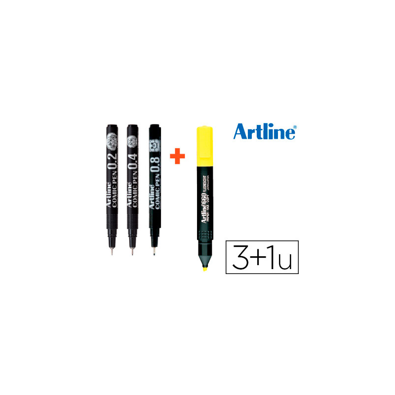 Rotulador artline comic pen calibrado micrometrico negro bolsa de 3 uds 0,2 0,4 0,8 + fluorescente 660