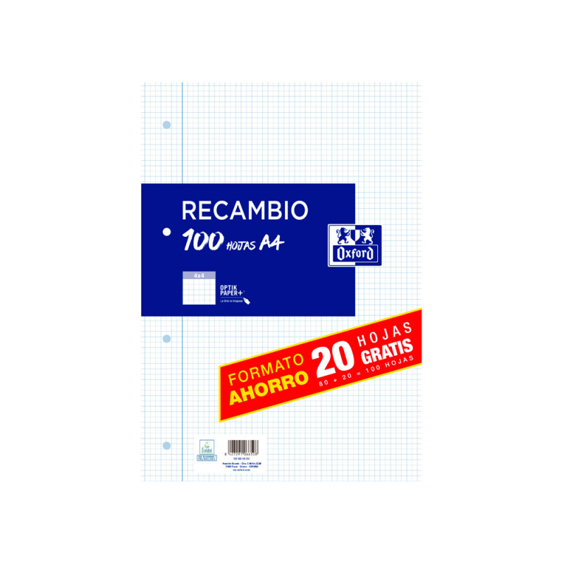 Recambio oxford a4 80 hojas + 20 gratis 90 gr cuadro 4x4 mm con margen