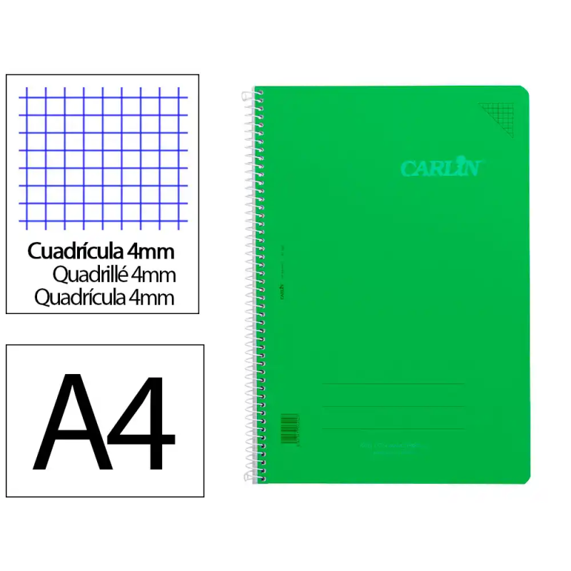 Cuaderno espiral carlin a4 tapa plastico 80h 90gr cuadro 4mm con margen color verde