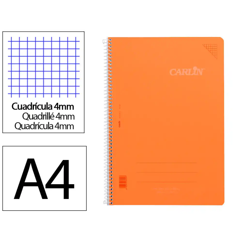 Cuaderno espiral carlin a4 tapa plastico 80h 90gr cuadro 4mm con margen color naranja