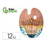 Pinceles sinteticos liderpapel pack de 12 unidades con puntas y tamaños surtidos + paleta de madera