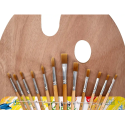 Pinceles sinteticos liderpapel pack de 12 unidades con puntas y tamaños surtidos + paleta de madera