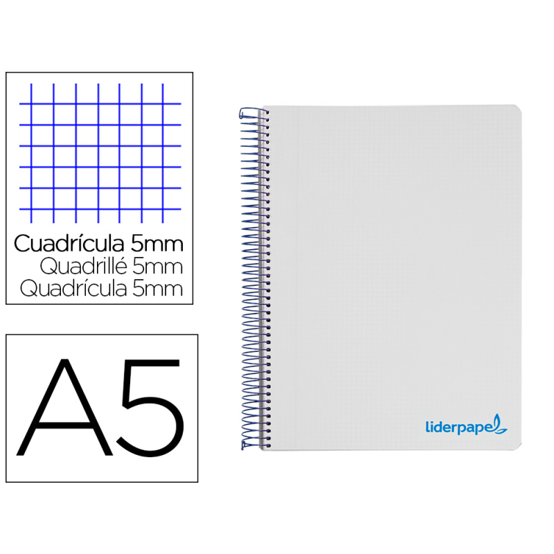 Cuaderno espiral liderpapel a5 micro wonder tapa plastico 120h 90gr cuadro 5mm 5 bandas 6 taladros color gris