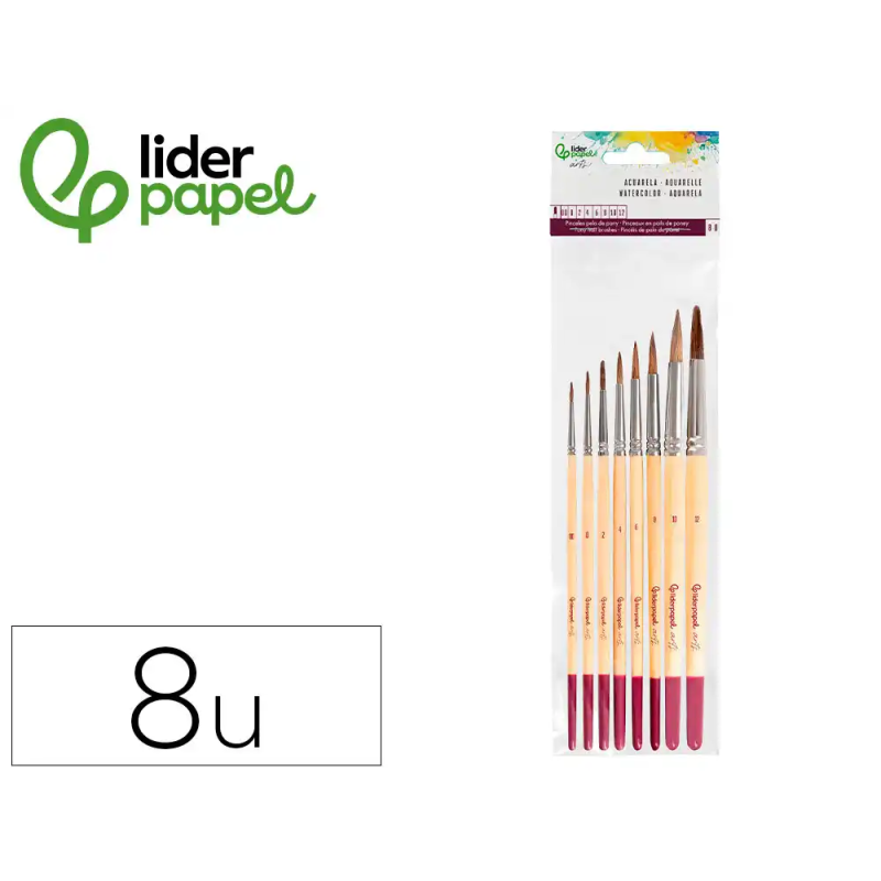 Pinceles de pelo de pony lider papel virola cromada blister de 8 unidades surtidas certificado fsc